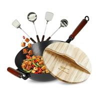 Sizle Masters Pre-Seasoned Cast Iron Nonstick Stir-Fry Pan | Dual Handles & 4 Spatulas | Flat Bottom Wok with Wooden Lid & Wood Handle | Traditional Chinese Induction Wok (34cm)