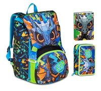 Sj Boy Led Dragon Look Extendable School Backpack By Seven for Elementary Girl + 3 Tier Pencil Case Complete with Stationery + Diary 2025/2026 + 7 Snap Pens and Whistle Keychain