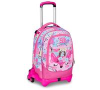 Sj Gang Pinkhugs 2 Compartments, Padded Shoulder Straps, Girls Primary Schools Trolley with Detachable Backpack + Sequins Keyring and 7 Multicoloured Pens
