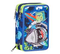SJ Gang SharkStory 3 Zip Pencil Case, Blue, Triple Pen Holder with Pens, Pencils, Colours, Backpack Accessories, Elementary, Medium, Child, Blue, Taglia Unica, Pencil Case