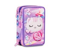 SJ GANG STYLE JAM GANG 3D GLOWCAT 3-Zip School Pencil Case, Pink, Triple Compartment, Semi-Rigid Shell with Embossed Kitten, Equipped Pen Holder, 45 Pieces, Accessories Backpack, Elementary School