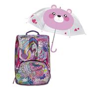 SJ GANG STYLE JAM GANG BIG MAGICFLIP GIRL School Backpack - Expandable Double Compartment Backpack - Elementary School + Pink Umbrella, Bear Pattern