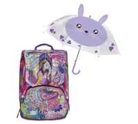 SJ GANG STYLE JAM GANG BIG MAGICFLIP GIRL School Backpack - Expandable Double Compartment Backpack - Elementary School + Purple Umbrella, Rabbit Pattern