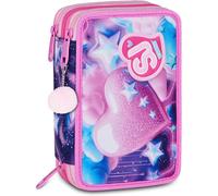 SJ GANG STYLE JAM GANG School Pencil Case 3 Zip FLUFFY PINK GIRL, Pink, Triple Compartment, 45 Pieces, Stationery Set Included, Practical Zip Closure, Elementary School, Girl