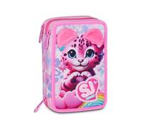 SJ GANG STYLE JAM GANG Heart Buddy Girl 3 Zip School Case, Pink, Triple Compartment, 45 Pieces, Stationery Set Included, Practical Zip Closure, Elementary School, Girl