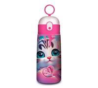 SJ GANG STYLE JAM GANG Insulated Water Bottle in Stainless Steel, Animals, Fuchsia, Cat, 0.5 L, School and Leisure Bottle, Girl
