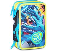 SJ GANG STYLE JAM GANG School Pencil Case 3 Zip Metal Dragon Boy, Light Blue, Triple Compartment, 45 Pieces, Stationery Set Included, Practical Zip Closure, Primary School, Child
