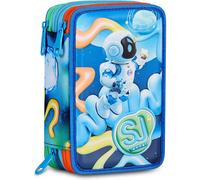 SJ GANG STYLE JAM GANG Space Ride 3 Zip 3D School Pencil Case, Blue, Triple Compartment, Shell with Astronaut in Embossed Design, Equipped Pen Holder, 45 Pieces, Accessories Backpack, Primary School