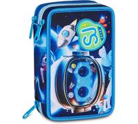 SJ GANG STYLE JAM GANG Space LED Boy 3 Zip School Pencil Case, Blue, Triple Compartment, 45 Pieces, Stationery Set Included, Practical Zip Closure, Primary School, Child