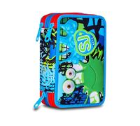 SJ GANG STYLE JAM GANG School Pencil Case 3 Zip, Blue, Triple Compartment Pen Holder Complete With Pens, Pencils, Colours, Accessories Backpack, Elementary School, Children, blue, Taglia Unica