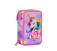 SJ GANG STYLE JAM GANG School Pencil Case 3 Zip Fable Journey, Pink, Triple Compartment Pen Holder Complete With Pens, Pencils, Colours, Backpack Accessories, Elementary School, Girl