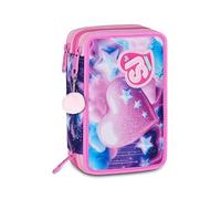 SJ GANG STYLE JAM GANG School Pencil Case 3 Zip FLUFFY PINK GIRL, Pink, Triple Compartment, 45 Pieces, Stationery Set Included, Practical Zip Closure, Elementary School, Girl