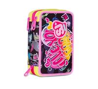 SJ GANG STYLE JAM GANG School Pencil Case 3 Zip, Fuchsia Orange, Triple Compartment Pen Holder Complete With Pens, Pencils, Colours, Backpack Accessories, Elementary School, Girl, Fuchsia/Orange