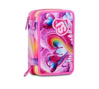 SJ GANG STYLE JAM GANG School Pencil Case 3 Zip Joyful Pins Girl, Pink, Triple Compartment, 45 Pieces, Pencil Holder, Complete with Pencils, Pens and Colours, Accessories Backpack, Elementary School