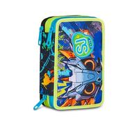 SJ GANG STYLE JAM GANG School Pencil Case 3 Zip Led Look, Blue, Triple Compartment Pen Holder Complete With Pens, Pencils, Colours, Accessories Backpack, Elementary School, Children