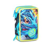 SJ GANG STYLE JAM GANG School Pencil Case 3 Zip Metal Dragon Boy, Light Blue, Triple Compartment, 45 Pieces, Stationery Set Included, Practical Zip Closure, Primary School, Child