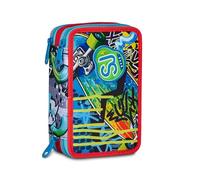 SJ GANG STYLE JAM GANG School Pencil Case 3 Zip Sharky Skate, Blue, Triple Compartment Pen Holder Complete With Pens, Pencils, Colours, Accessories Backpack, Elementary School, Children