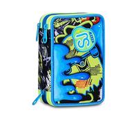 SJ GANG STYLE JAM GANG School Pencil Case 3 Zip Soft Pocket Boy, Blue, Triple Compartment, 45 Pieces, Pencil Holder, Complete with Pencils, Pens and Colours, Accessories Backpack, Primary School