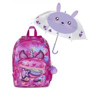 SJ GANG STYLE JAM GANG SJ Ever Double Compartment School Backpack, Fuchsia, Bottle Pocket, Elementary School Girl + Purple Umbrella, Rabbit Pattern