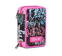 SJ GANG STYLE JAM GANG Sj Ever School Pencil Case 3 Zips, Black, Triple Compartment Pen Holder Complete With Pens, Pencils, Colours, Backpack Accessories, Elementary School, Girl, Black, Taglia Unica