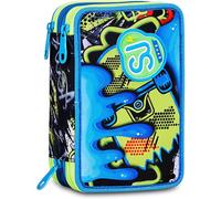 SJ GANG STYLE JAM GANG School Pencil Case 3 Zip Soft Pocket Boy, Blue, Triple Compartment, 45 Pieces, Pencil Holder, Complete with Pencils, Pens and Colours, Accessories Backpack, Primary School