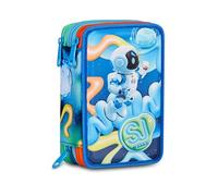 SJ GANG STYLE JAM GANG Space Ride 3 Zip 3D School Pencil Case, Blue, Triple Compartment, Shell with Astronaut in Embossed Design, Equipped Pen Holder, 45 Pieces, Accessories Backpack, Primary School