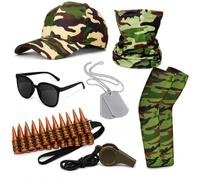SJAUBKJOG 7-Piece Camo Army Costume Set, Fancy Dress Event Army Accessories | Polyester Adjustable 56-60cm Camo Army Hat & Bullet Belt. Perfect Army Costume Women & Men For Fancy Dress Parties