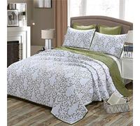 sjdoPulse 3 Piece Poly Cotton Floral Embroidered Quilted Bedspread Comforter Throw Bedding Hypoallergenic Vintage Style, 3 Sizes,Green,269 * 234cm