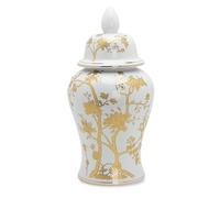 sjdoPulse Decorative Jar Ginger Jar Vase Decor Ceramic Vases Ginger Jar With Lid For Home Decor White And Gold Floral Pattern Large Temple Jar Vase Ginger Jars Storage Jar