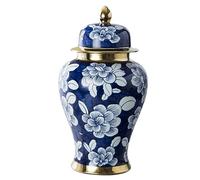 sjdoPulse Decorative Jar Ginger Jar Vase Decor Porcelain Decorative Jar With Lid Large Blue White Floral Print Vase Ginger Jar With Lid And Gold Trim Ginger Jars Storage Jar