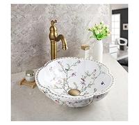 sjdoPulse Vessel Sink Vessel Vanity Sink Artistic Vessel Sink Bathroom Ceramic Material Flower Design Bowl with Vintage Brass Faucet And Pop Up Drain Combo Bathroom Sink Ceramic Small S