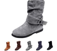 SJENOTAXIS Flat Ankle Boots for Women Ruched Round Toe Mid Calf Boots Faux Suede Short Booties with Zipper Fall Winter Shoes