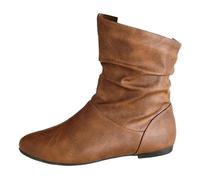 SJENOTAXIS Ruched Mid Calf Flat Boots for Women Slip On Round Toe Vintage Faux Leather Ankle Boots Fall Winter Shoes