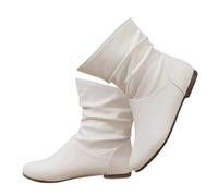 SJENOTAXIS Ruched Mid Calf Flat Boots for Women Slip On Round Toe Vintage Faux Leather Ankle Boots Fall Winter Shoes