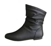 SJENOTAXIS Ruched Mid Calf Flat Boots for Women Slip On Round Toe Vintage Faux Leather Ankle Boots Fall Winter Shoes