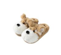 SJHPZG Mujer Cute Animal Dog Slippers for Women Men Kawaii Cartoon Puppy Cotton Slippers Cozy Winter Anti-Slip Indoor Outdoor Fuzzy Shoes Ladies(Khaki,5.5 UK)