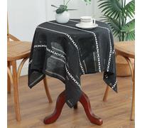 Sjinweave Striped Cotton Linen Small Square Tablecloth, Heavy Weight Washable Table Cloth Embroidery Cutwork Tablecloths for Home Kitchen Dining Wedding Party Banquet 24x24 Inches Black