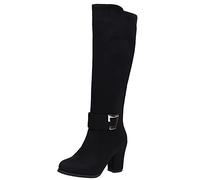 SJJH Women's Knee High Boots with Chunky Heel 8cm, Round Toe, Side Zip, (Matt Black, 3 UK)