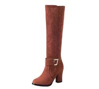 SJJH Women's Knee High Boots with Chunky Heel 8cm, Round Toe, Side Zip, (Matt Brown, 4 UK)