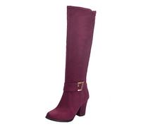 SJJH Women's Knee High Boots with Chunky Heel 8cm, Round Toe, Side Zip, (Matt Burgundy, 5 UK)