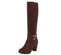 SJJH Women's Knee High Boots with Chunky Heel 8cm, Round Toe, Side Zip, (Matt Dark Brown, 2.5 UK)