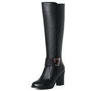 SJJH Women's Knee High Boots with Chunky Heel 8cm, Round Toe, Side Zip, (PU Black, 7.5 UK)