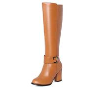 SJJH Women's Knee High Boots with Chunky Heel 8cm, Round Toe, Side Zip, (PU Light Brown, 13 UK)