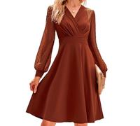 SJJH Women's Sheer Dot Sleeve V-Neck A-Line Dress Social Outfit On Trend Dark Red