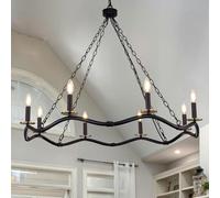 SJKJNK Farmhouse Chandelier Black and Gold Wagon Wheel Chandelier 40inch, Modern Wave Shape Round Chandelier Large Light Fixture for Living Room, Dining Room, Hallway, 8 Lights