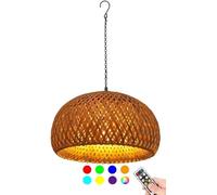 SJMFGF Rattan Bamboo Pendant Light Battery Operated with Remote,Rechargeable Chandelier with Hook,Portable Battery Powered Hanging Light Large Lantern for Porch Patio Gazebo Garden Yard(15 inch)