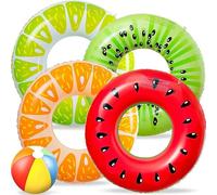 SJMR 4PCS Fruit-Themed Inflatable Swimming Rings with 1 Beach Ball - Fun Summer Pool Toys for Kids, Lightweight & Colorful, Ideal for Beach, Holidays, Garden & Water Play