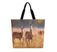 SJOAOAA Unisex Shopping Bag Reusable Deer on Snowfield in Sunrise Large Capacity Casual Shoulder Tote Grocery Bags Handbag
