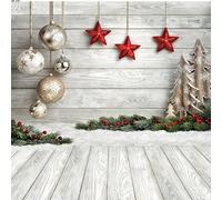 SJOLOON 10x10ft Christmas Balls Red Stars Hang on Wood Floor Thin Vinyl Customized Photography Backdrop Prop Photo Background 10383