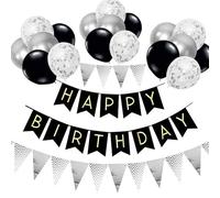 SJQ Black & Silver Birthday Decoration Banner, Balloons and Banners - 12 inch, Happy Birthday decoration with Ribbons